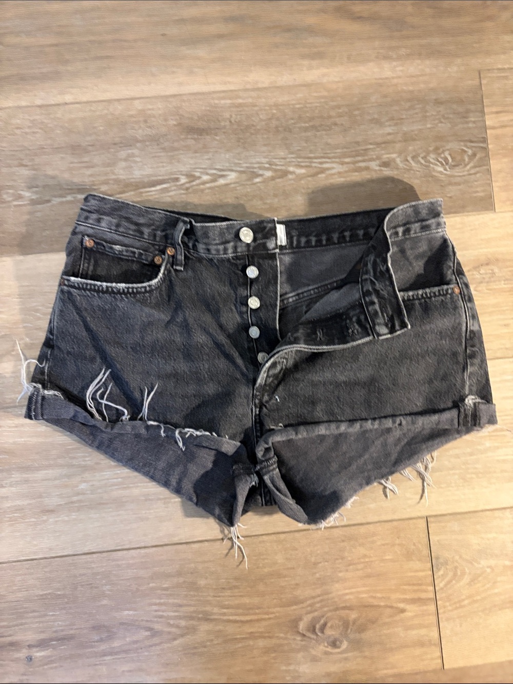 Agolde Black Washed High-Rise Button-Front Denim Shorts
